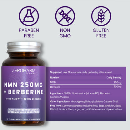 Zeroharm Liposomal Food-Grown NMN 250mg + Berberine 100mg Capsules Ingredients List